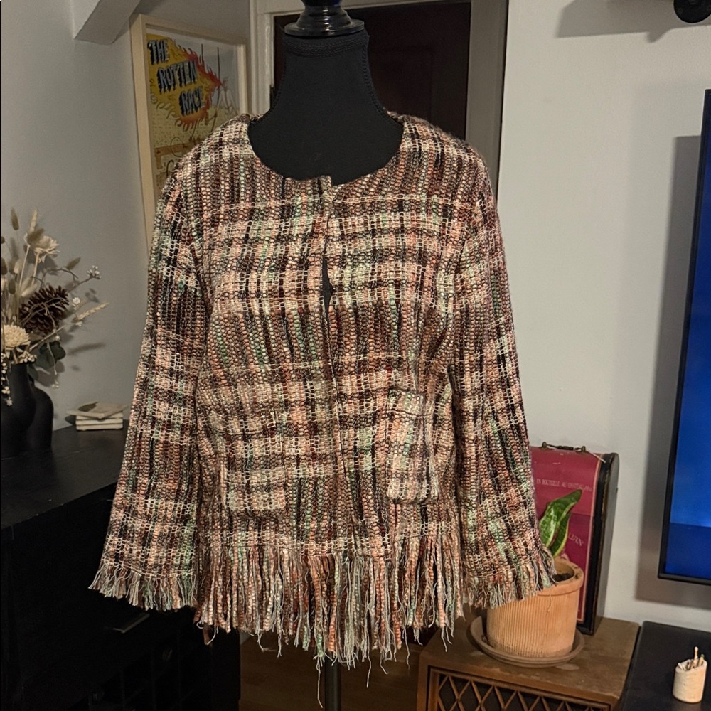 Anthropologie Multicolor Plaid Fringe Blazer